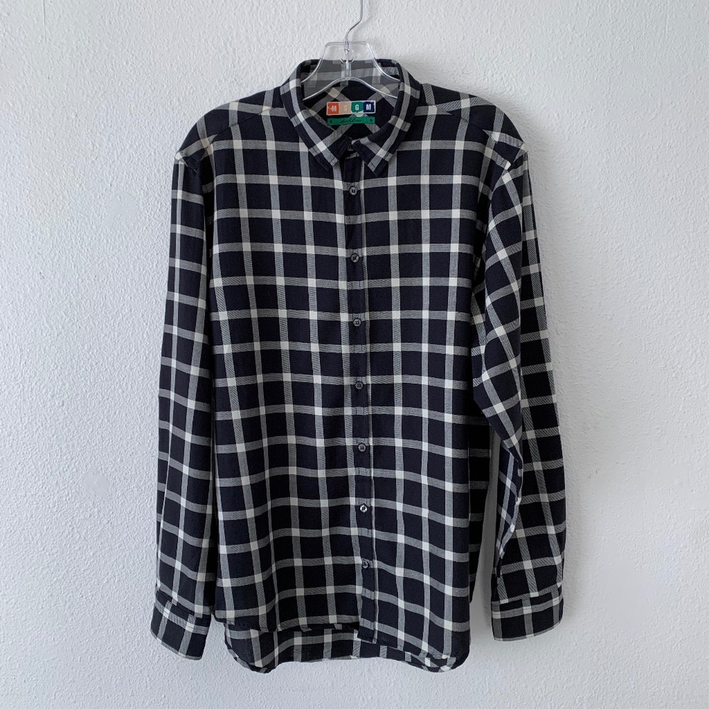 MSGM navy blue & cream plaid button down shirt
